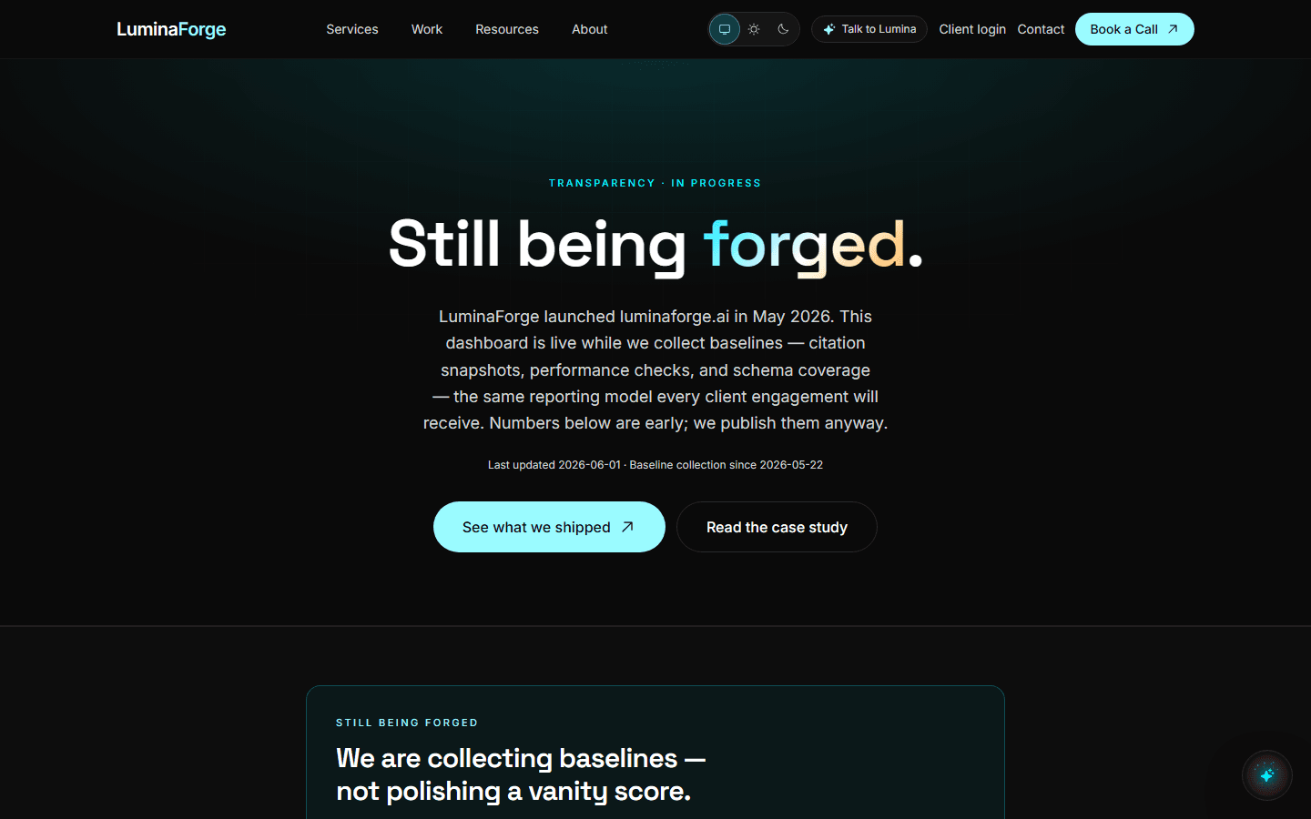 LuminaForge — Public performance + GEO