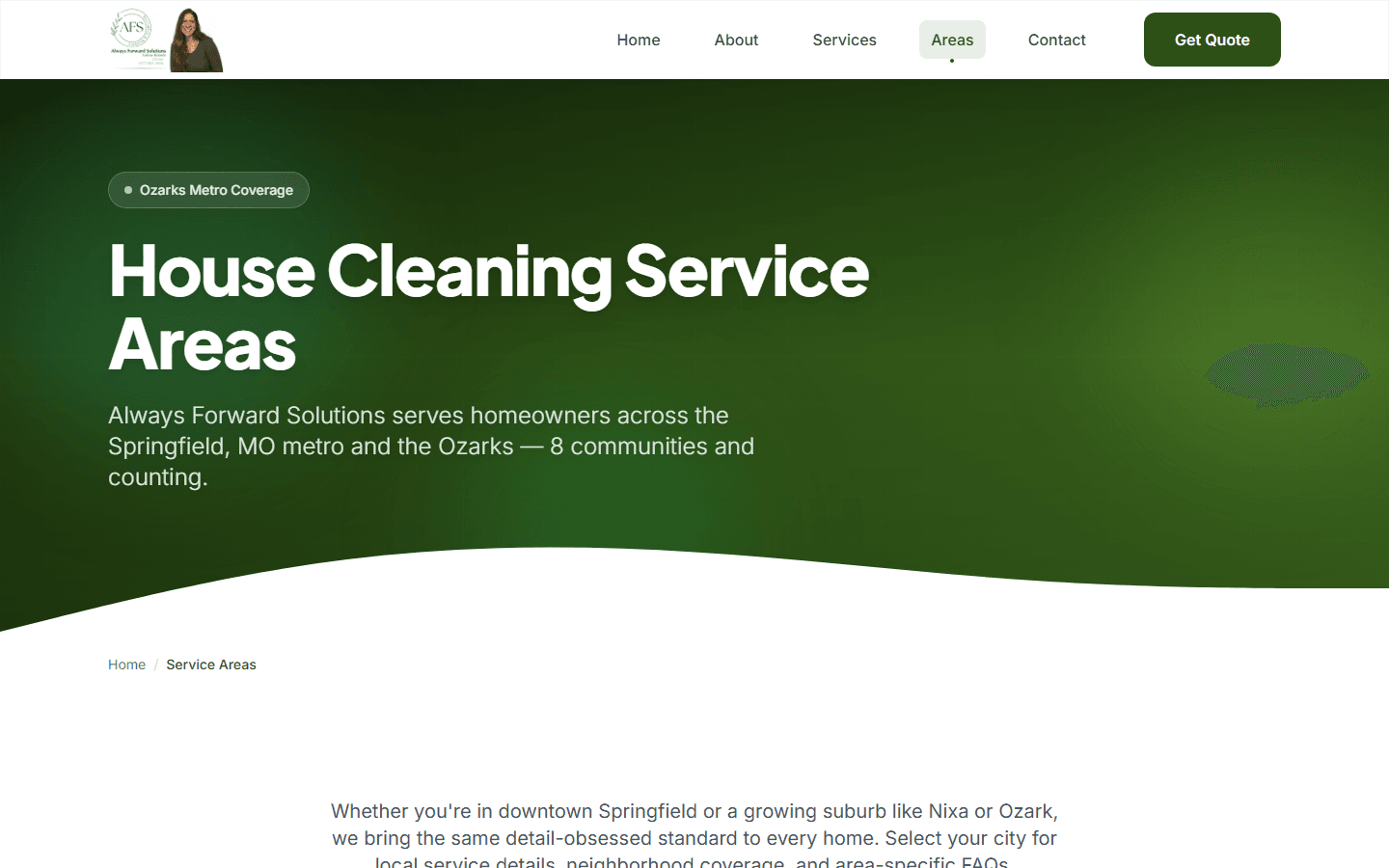 Always Forward Solutions service areas hub — eight Ozarks cities with county labels and local descriptions