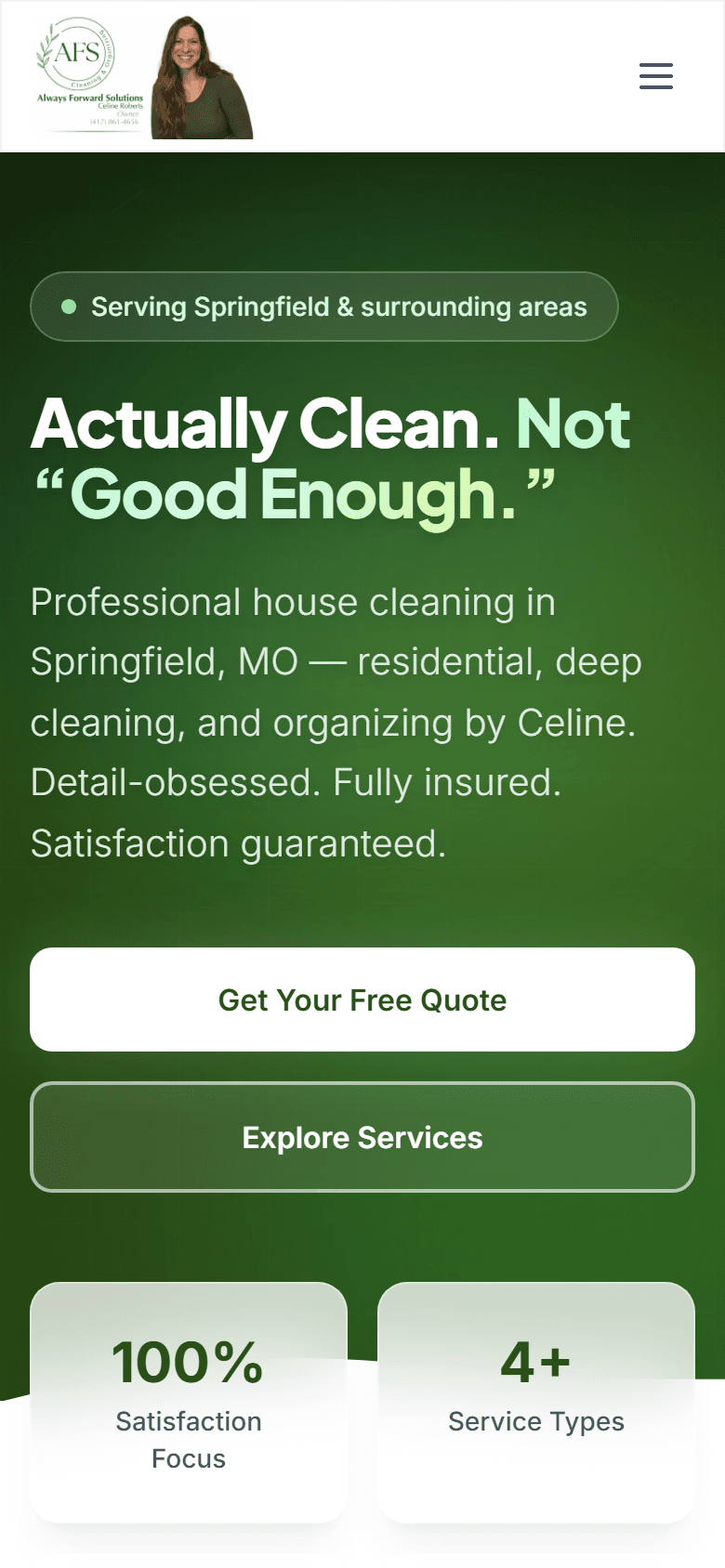 Always Forward Solutions mobile homepage — Get Quote nav and tap-to-call for Springfield homeowners