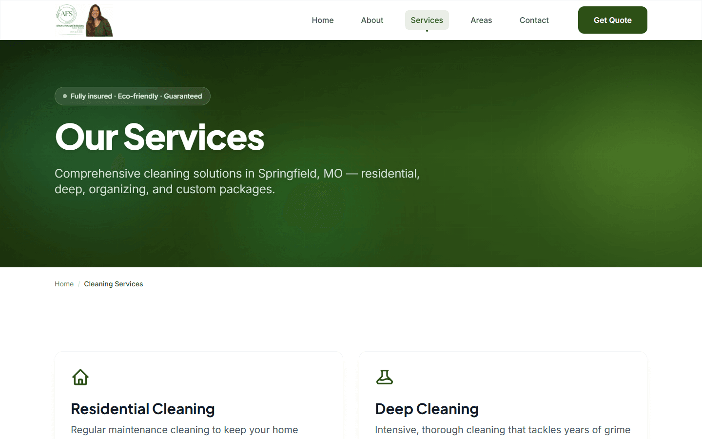 Always Forward Solutions services page — residential, deep cleaning, organizing, custom packages, and Cleaning Services FAQ