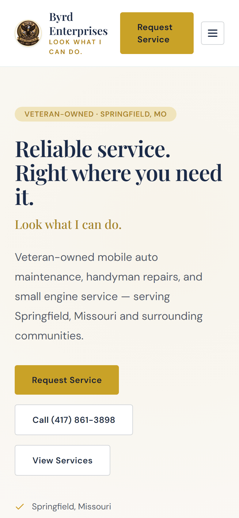 Byrd Enterprises homepage on mobile