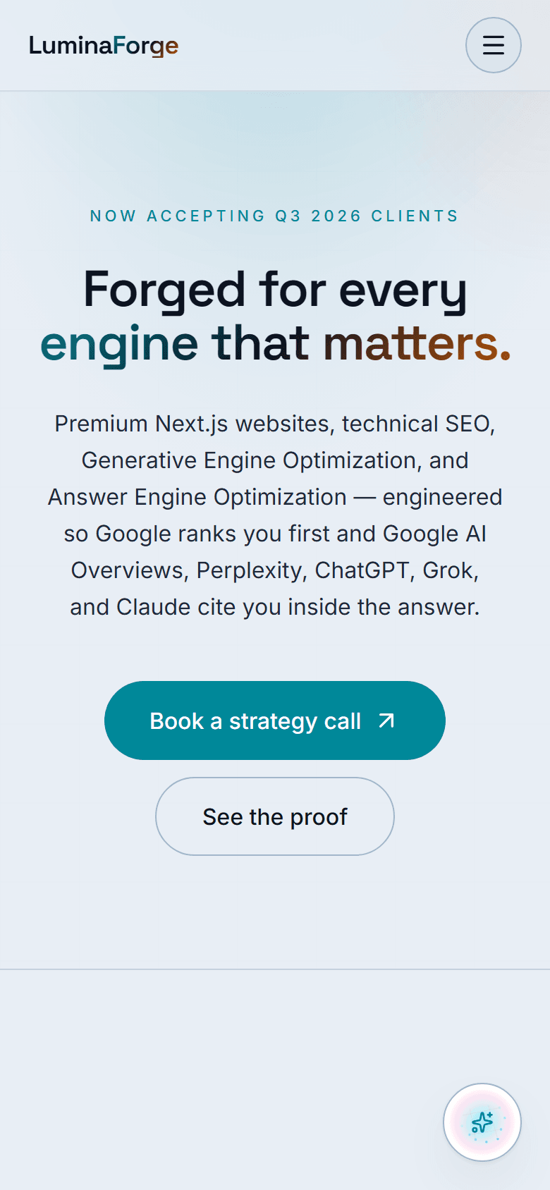 LuminaForge.ai mobile homepage — hero, services preview, and citable outcome stats