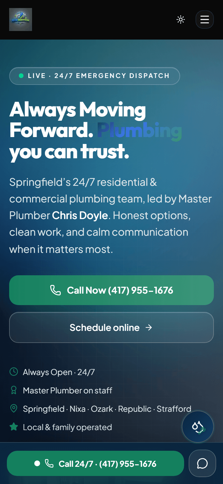 New Direction Plumbing mobile homepage — tap-to-call and always-open positioning for emergency searches