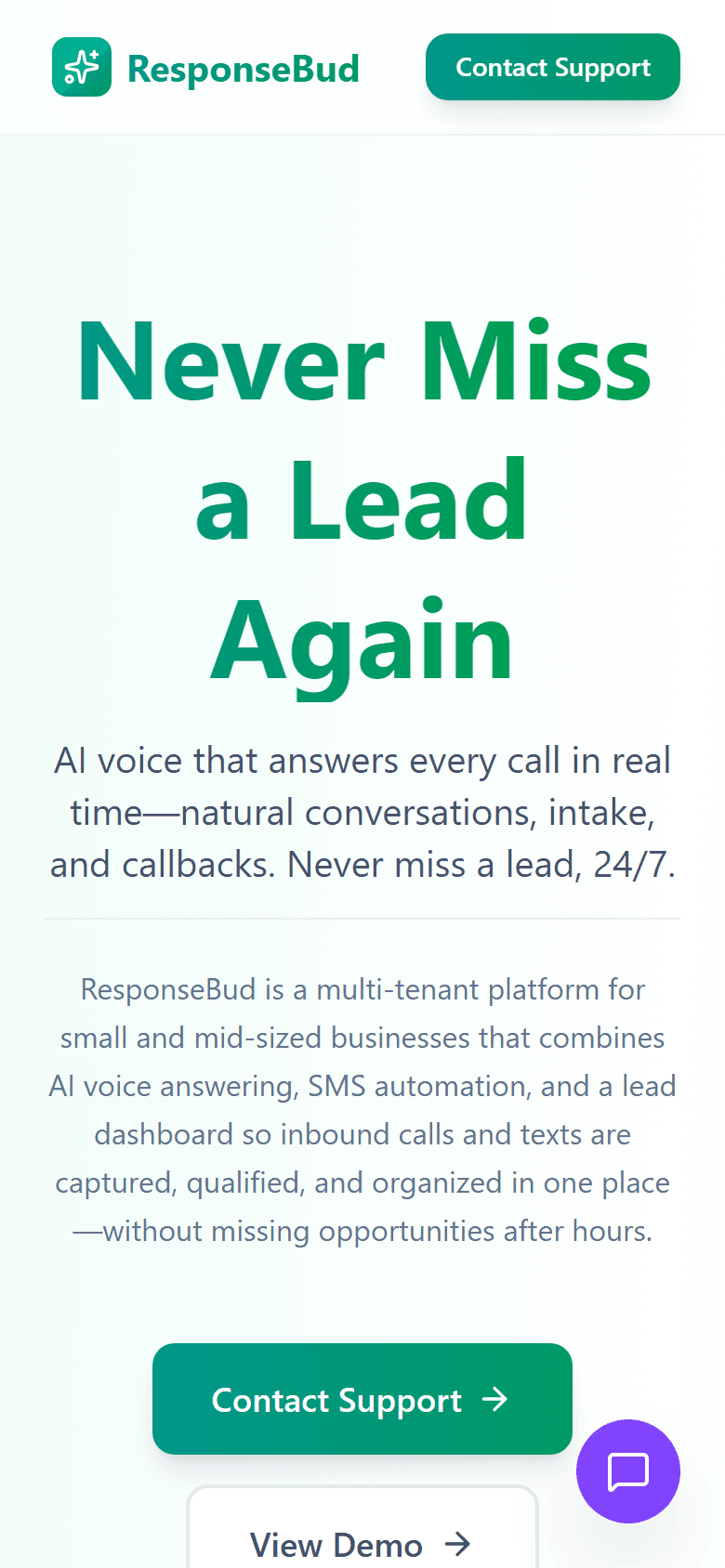 ResponseBud mobile homepage — 24/7 AI voice answering value prop and trial CTA