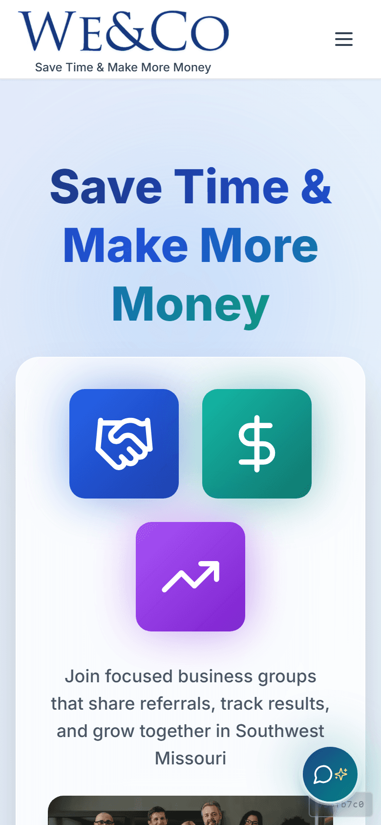 We&Co mobile homepage — Huddle discovery, trial CTA, and member proof above the fold