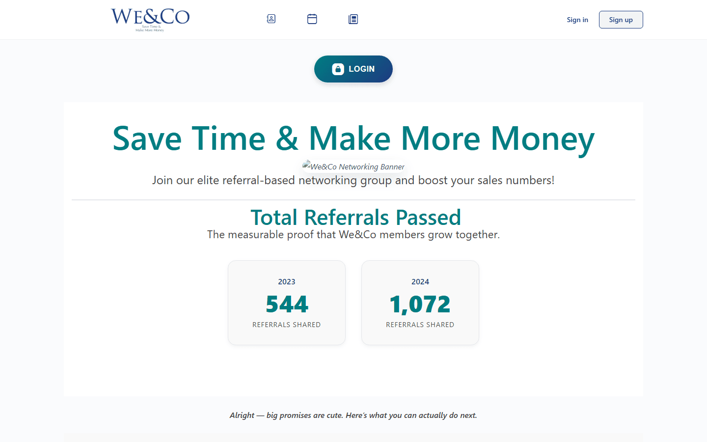 We&Co legacy WordPress homepage at legacy.weandco.org — May 2026 audit screenshot